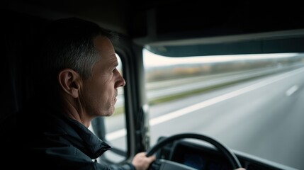 Professional Truck Driver Driving Large Transport Truck on Open Highway