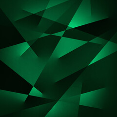 Obraz premium Emerald hunter cold green background with rays and glow. Abstract pattern. Dark deep black geometric shape. Line triangle corner fold mosaic diamond polygon. Gradient shadow. Grain rough noise.