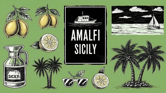 Amalfi Sicily Lemons Palm Trees Sailboat Vintage Woodcut Style Illustration