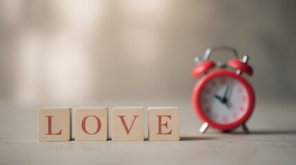 Time for Love Concept with Red Alarm Clock and Wooden LOVE Blocks