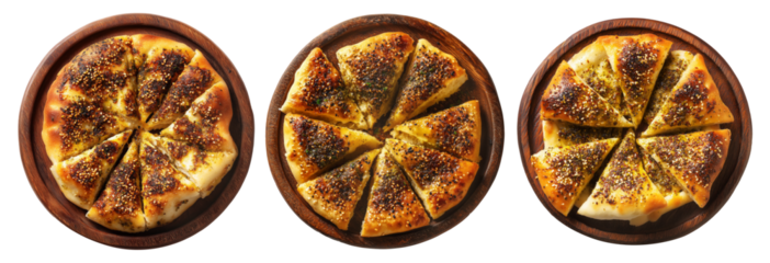 Manakish flatbreads bread slices topped with za'atar, cheese and sesame seeds, isolated on white transparent background