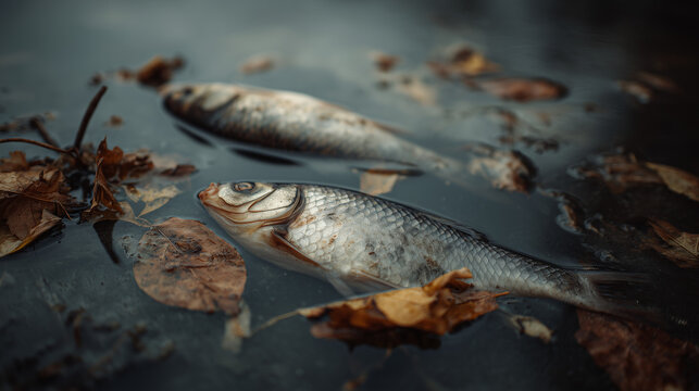 Dead fish floating on dark, polluted water, evoking a somber mood and environmental concern, highlighting water pollution and ecological impact.
