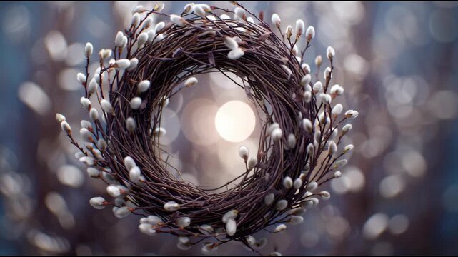 Soft bokeh willow wreath spring decoration with rustic twigs and pussy willow circular design, showcasing natural texture and floral art for seasonal decor gentle light, handcrafted with soft catkin