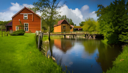 Obraz premium A picturesque rural landscape featuring a calm river reflecting colorful houses and a wooden bridge under a blue sky.
