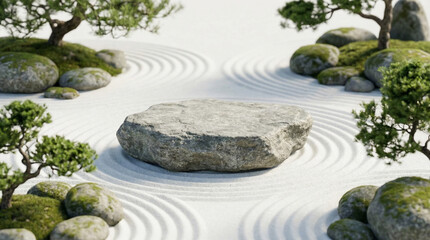 Elegant Stone Display Platform Amidst a Tranquil Zen Garden with Raked White Sand, Moss-Covered Rocks, and Miniature Bonsai Trees