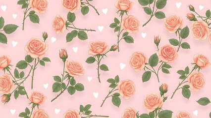 Vintage peach roses on soft pink background with white dots pattern