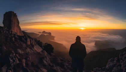 Obraz premium A lone figure stands on a rugged mountain peak, gazing at a breathtaking sunrise over a vast expanse of clouds, with dramatic rock formations.