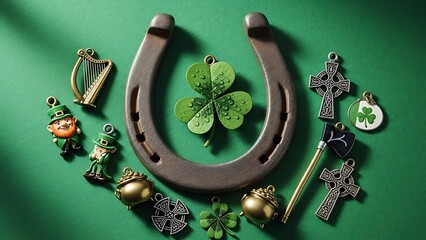 St patrick's day symbols horseshoe four leaf clover leprechaun charms and irish luck