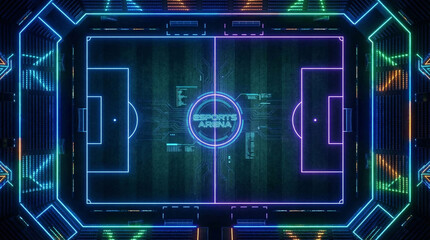 Vibrant neon-lit digital sports arena with a futuristic football field design, perfect for high-tech e-sports events and virtual gaming competitions