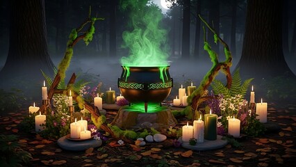 St patrick's day mystical forest scene with green glowing portal and candles