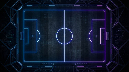 Vibrant neon outlines illuminate a futuristic digital soccer field within a dark, abstract stadium, symbolizing modern sports technology and virtual competition