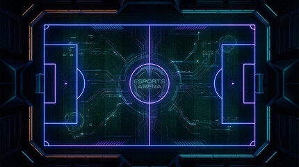 Dynamic Neon E-Sports Arena Display with Futuristic Circuit Board Pattern &ndash; Digital Gaming Field Layout for Virtual Competition and Online Entertainment