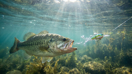 Intense underwater pursuit A powerful freshwater game fish with its mouth open, lunging towards a vibrant artificial lure in sun-drenched clear water, illustrating a thrilling fishing moment