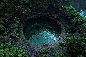 Obraz premium Lush Green Sinkhole Pool Surrounded by Dense Vegetation in Dark Setting with Natural Light Reflecting off Water Surface Captured From High Angle View