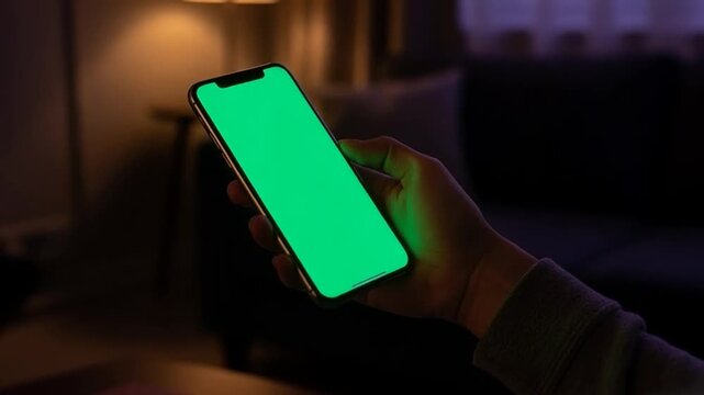 A person holds a smartphone with a green screen in a dimly lit living room.