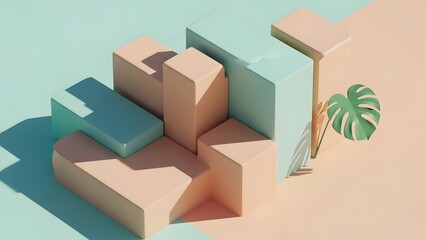 Abstract geometric blocks in soft pastel green and peach tones are arranged creatively alongside a tropical monstera leaf cutout.