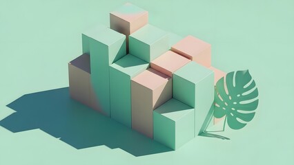 An intriguing arrangement of abstract geometric blocks in soft pastel green and peach tones is accompanied by a stylized monstera leaf cutout.