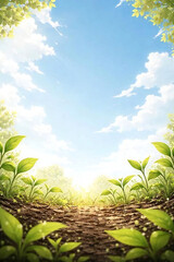 Obraz premium 春の芽吹きを地面目線で見上げる、余白のあるミニマルなイラスト