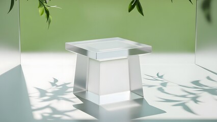 A modern clear acrylic table with elegant simplicity is surrounded by hanging green leaves and illuminated by dappled plant shadows.