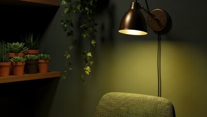 A moody corner reveals a comfortable green armchair illuminated by a golden wall sconce, next to a shelf with potted plants.
