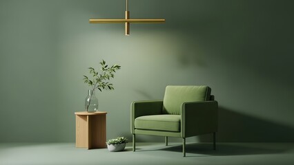 A stylish green armchair and a simple wooden side table with a vase are beautifully lit by a long, horizontal pendant light.