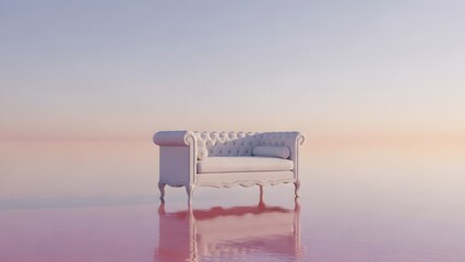 A whimsical white tufted armchair appears to float serenely on a calm, reflective surface transitioning from pink to blue hues.