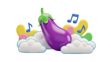3D Render of a Purple Eggplant with Music Notes and Clouds