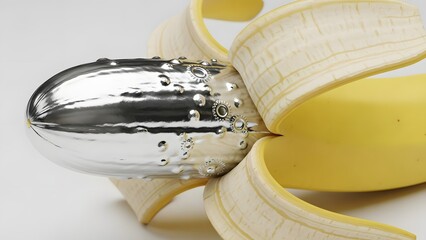 A ripe yellow banana is partially peeled to reveal an unexpected, elaborately detailed silver and textured cucumber inside.
