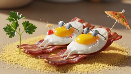Two sunny-side-up fried eggs wearing cool sunglasses relax on strips of crispy bacon on a sandy beach of crumbs under a tiny cocktail umbrella.
