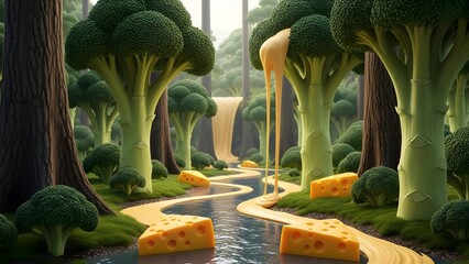 A whimsical forest landscape features giant broccoli trees, a flowing river of melted cheese, and large blocks of Swiss cheese on its banks.