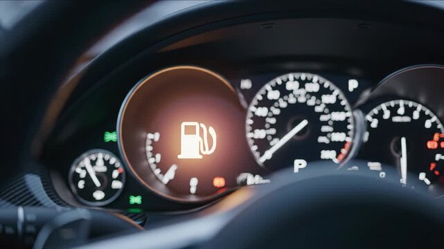 Dashboard view of car interior displaying fuel gauge indicator and various warning lights with speedometer and tachometer in focus