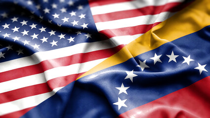 Obraz premium Waving USA and Venezuela Flags Textured Fabric Close-Up
