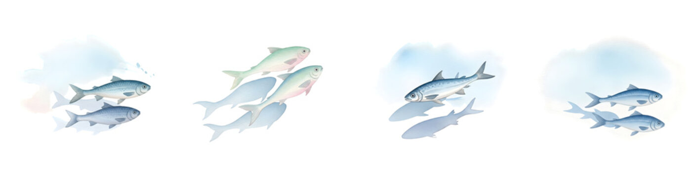 Artistic watercolor illustration of fish schools on a transparent background