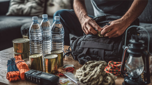 Man preparing an emergency survival kit at home, packing essential supplies like food, water, and tools, highlighting safety, preparedness, and self-reliance.