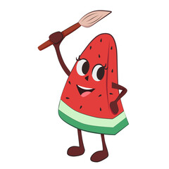 Cartoon watermelon character holding a paintbrush vector illustration.