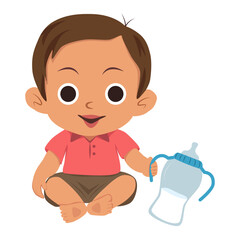 Cute baby boy holding feeding bottle vector illustration