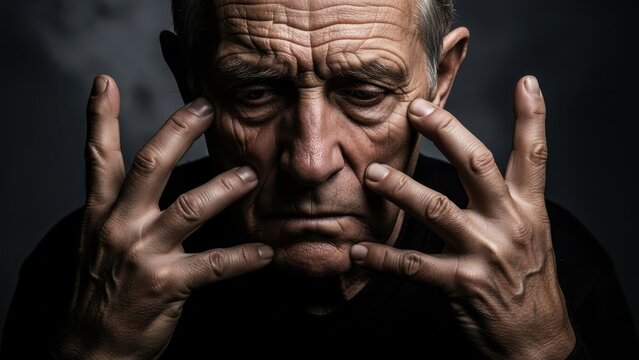 A profoundly reflective portrait of an elderly man grappling with profound internal struggles and