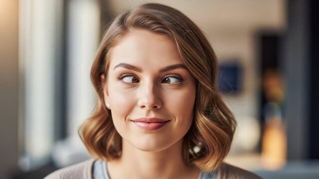 A cheerful young woman making a funny cross-eyed face with a mischievous smile indoors