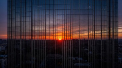 Golden sunset reflection on a sleek modern glass skyscraper facade in an urban setting
