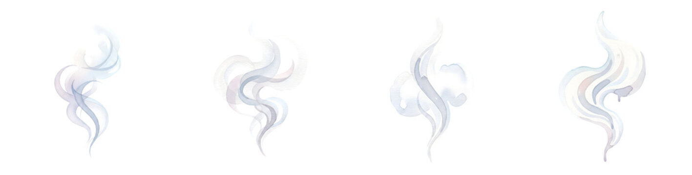 Collection of blue watercolor smoke and steam swirls on transparent background