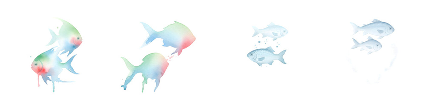 Colorful watercolor fish collection painted in an artistic style with a transparent background