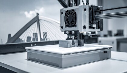 Fototapeta premium A 3D printer in action on a table with a bridge in the background