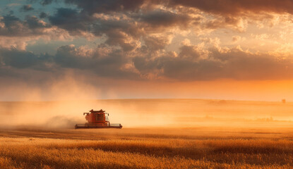 Fototapeta premium Red harvester working in a wheat field during sunset with golden sky and agricultural machinery in motion