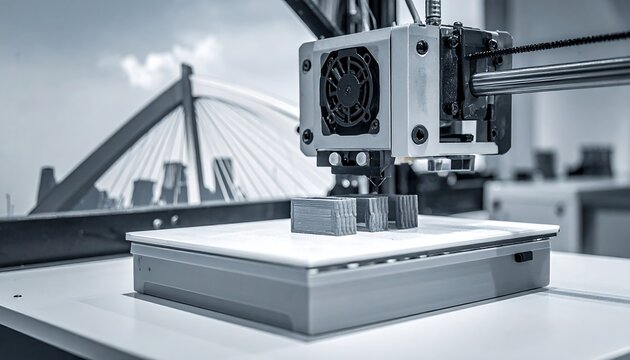 A 3D printer in action on a table with a bridge in the background