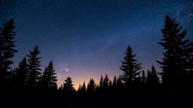 Stars shine brightly in the night sky above a forest of tall pine trees at dusk.