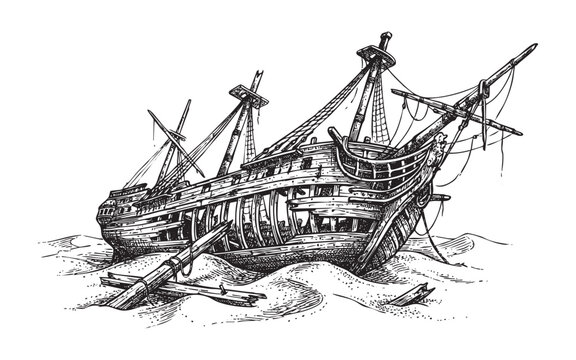 old, broken wooden shipwreck stranded on the sand, showing exposed ribs and masts in a vintage woodcut style.