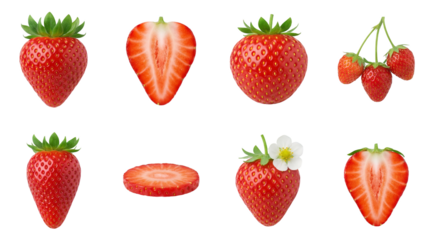 Fresh Strawberry Set with Whole Berries Halved Slices and Blossom Realistic Style