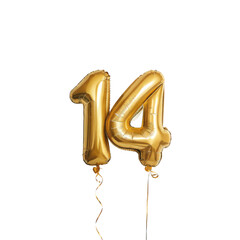 golden balloons number 14 ,isolated on transparent background png