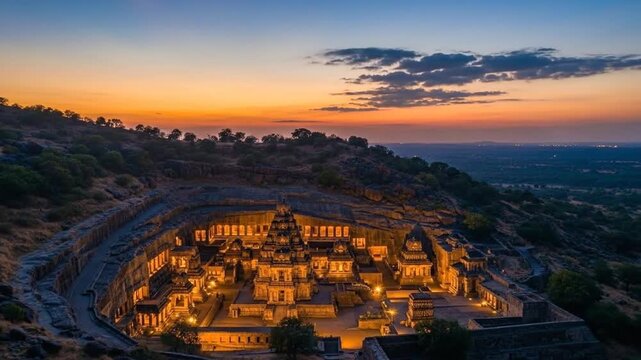 Aerial View of Ajanta Caves, Maharashtra India at Sunset Cinematic Footage