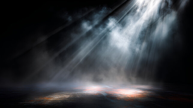 Light rays beam through smoke and fog on dark background with glowing sunlight effect misty atmosphere and dramatic spotlight texture cinematic on white background